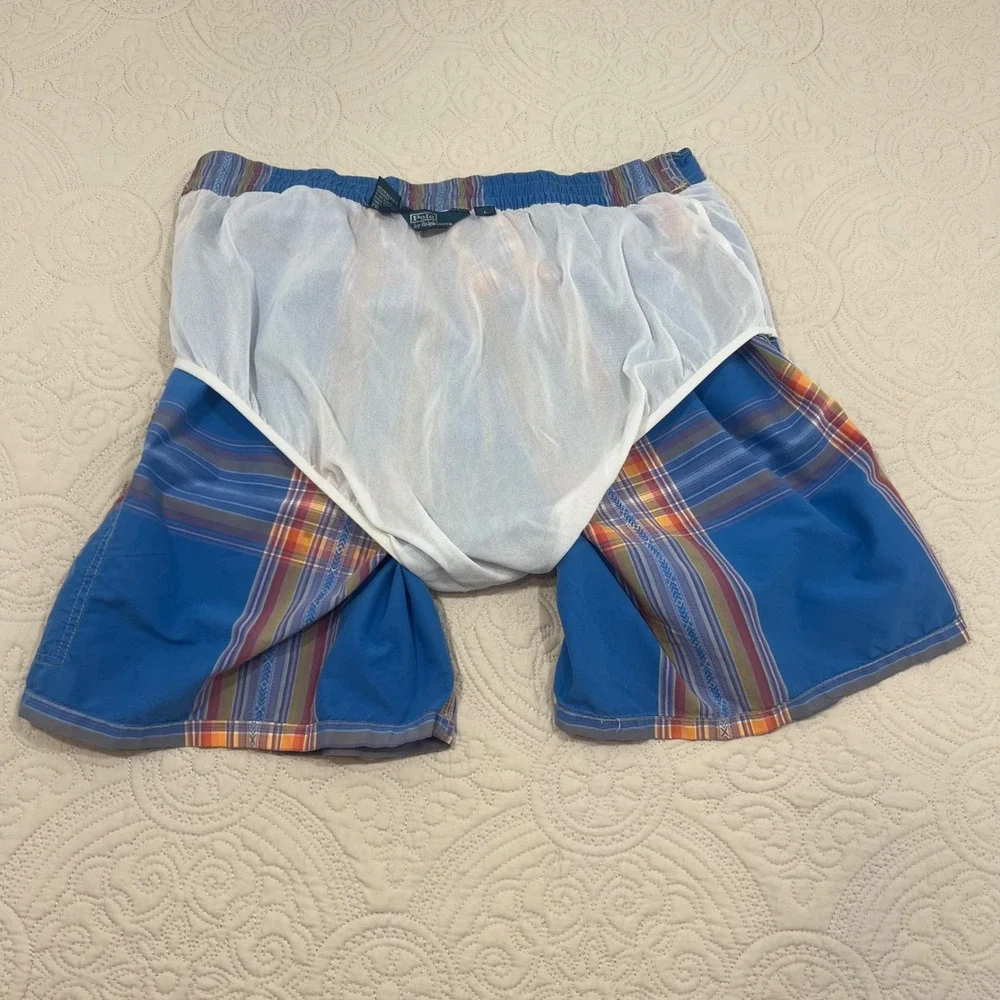 Polo Ralph Lauren Mens‎ Blue Plaid Geometric Aztec Swim Trunks Board Shorts Sz L